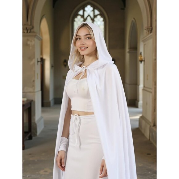 White Witch Velvet Hooded Cloak Halloween Cape Queen King Renaissance Medieval - Picture 3 of 6